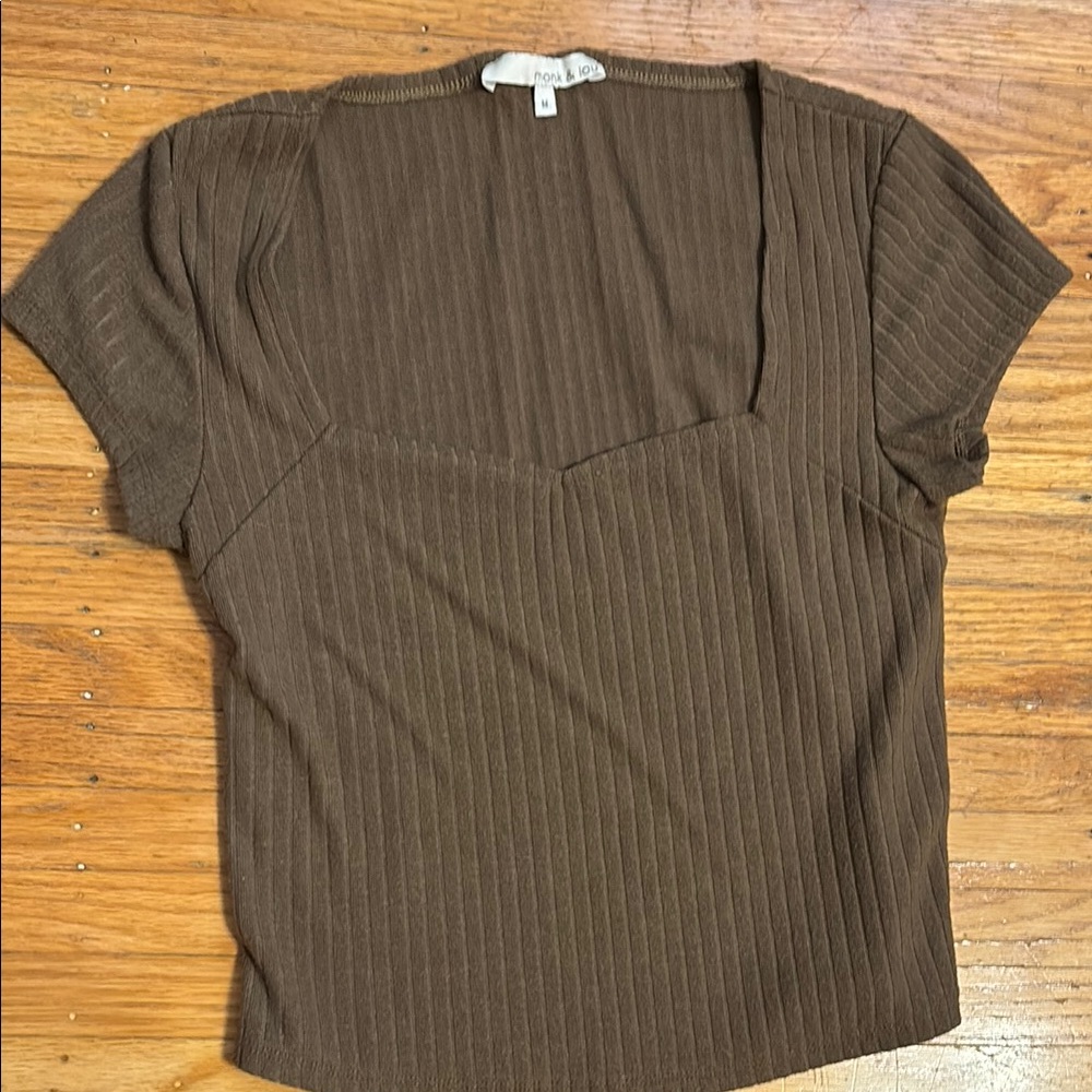 Brown Asymmetrical Ribbed Cap Sleeve Blouse